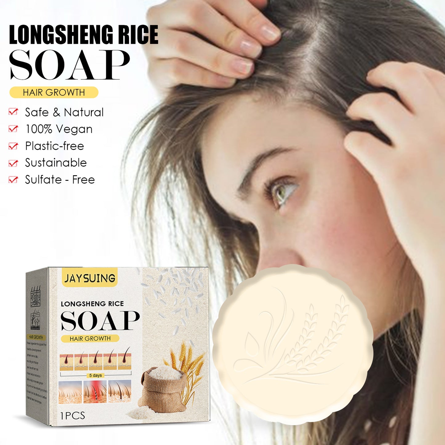 Rice Soap JAYSUING, Moisturizing Conditioning Hair Growth Rice Bar for Hair Treatment